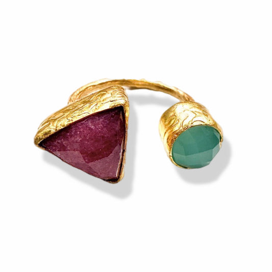 Gorgeous handmade sustainable Gold-plated gemstone ring with a ruby triangular gem and aqua chalcedony round gem on light background