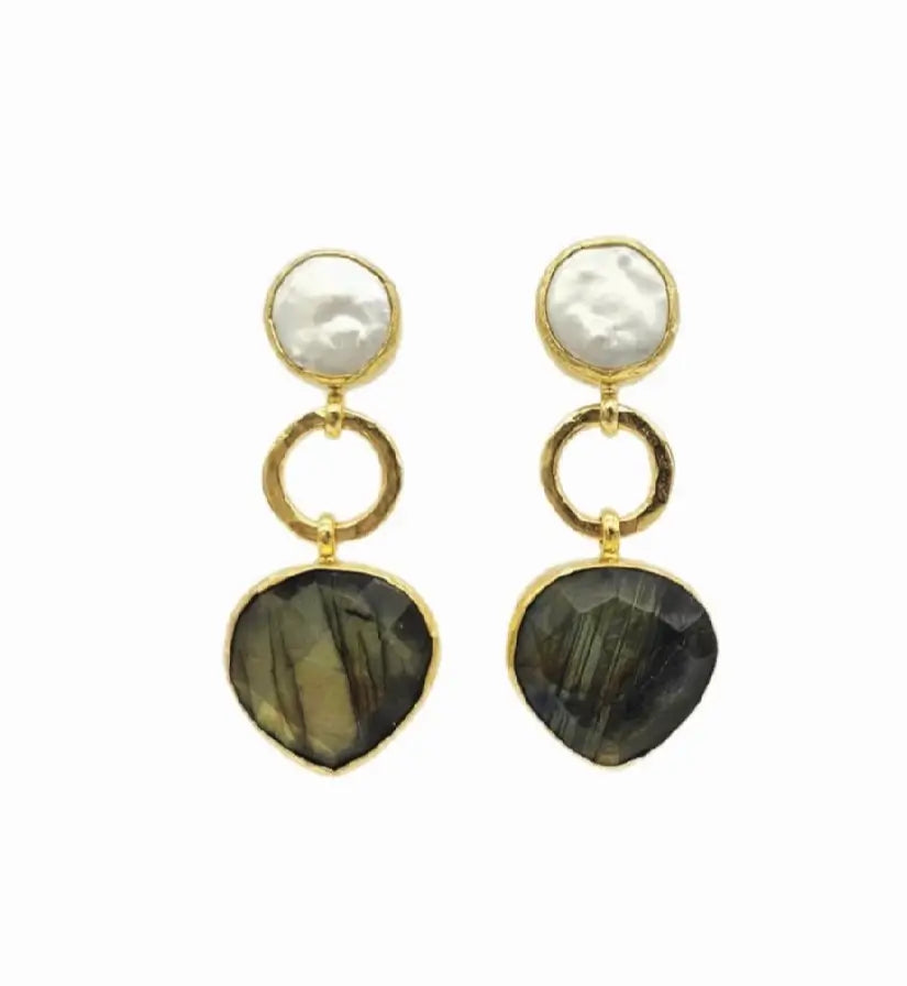 Contemporary artisanal sustainable gold-plated earrings with gold loops, flat pearl stones, and labrodorite  teardrop-shaped stones on a white background