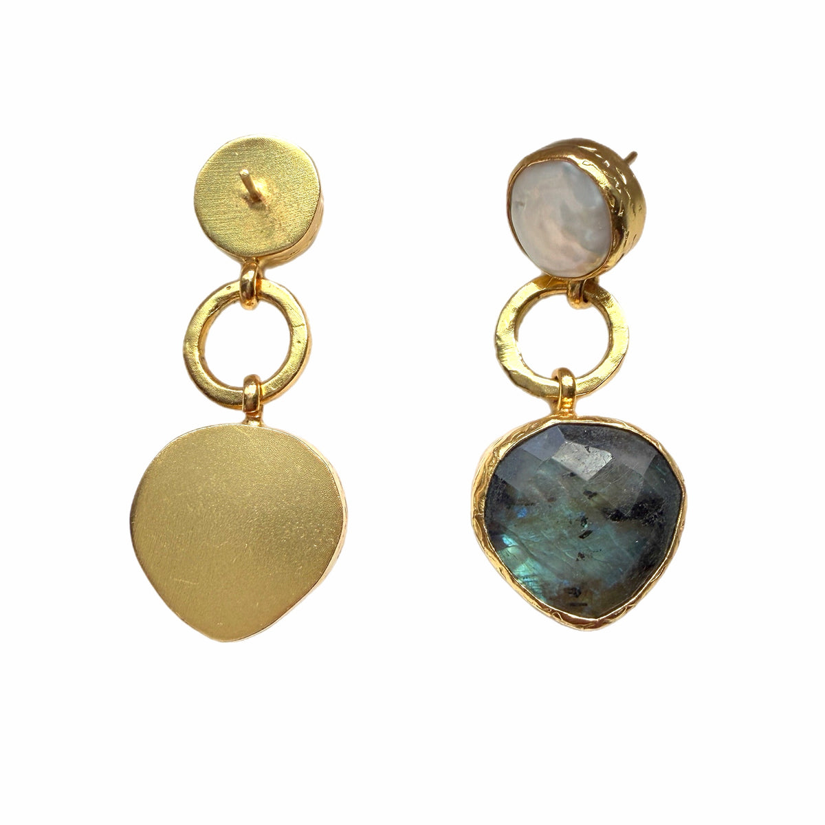 Contemporary artisanal sustainable gold-plated earrings with gold loops, flat pearl stones, and labrodorite  teardrop-shaped stones against a white background