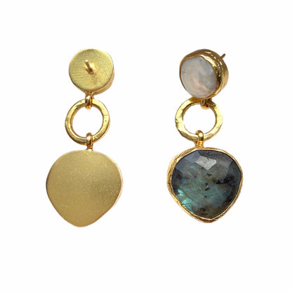 Contemporary artisanal sustainable gold-plated earrings with gold loops, flat pearl stones, and labrodorite  teardrop-shaped stones against a white background