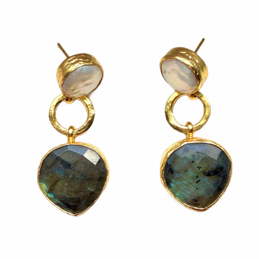 Contemporary artisanal sustainable gold-plated earrings with gold loops, flat pearl stones, and labrodorite  teardrop-shaped stones on white background
