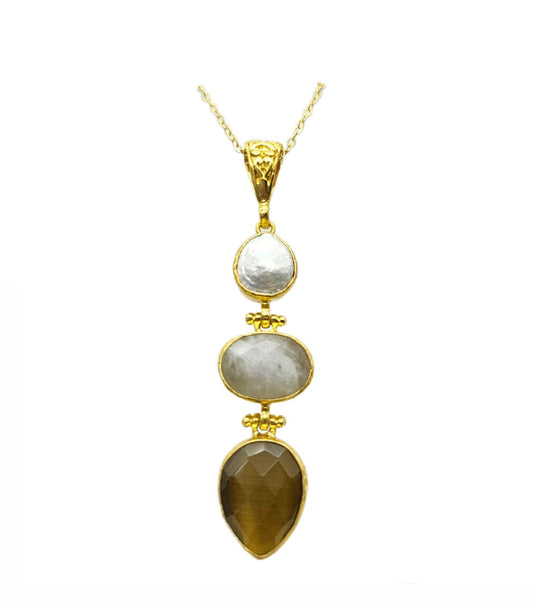  21k gold plated multi-stone pendant necklace boasts teardrop flat pearl, oval faceted mon stone, and teardrop faceted yellow agate