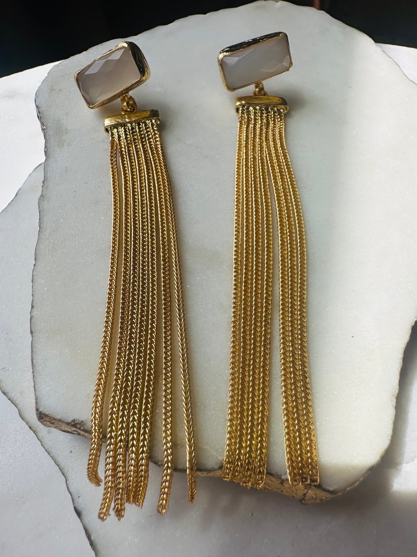 Esma Snow Quartz Gold Chain Tassel Earrings