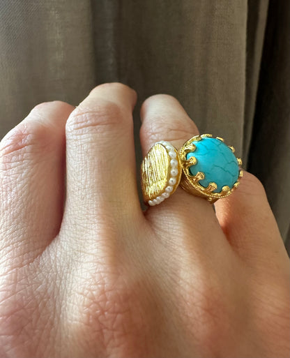Asil Turquoise and Pearl Gold Ring