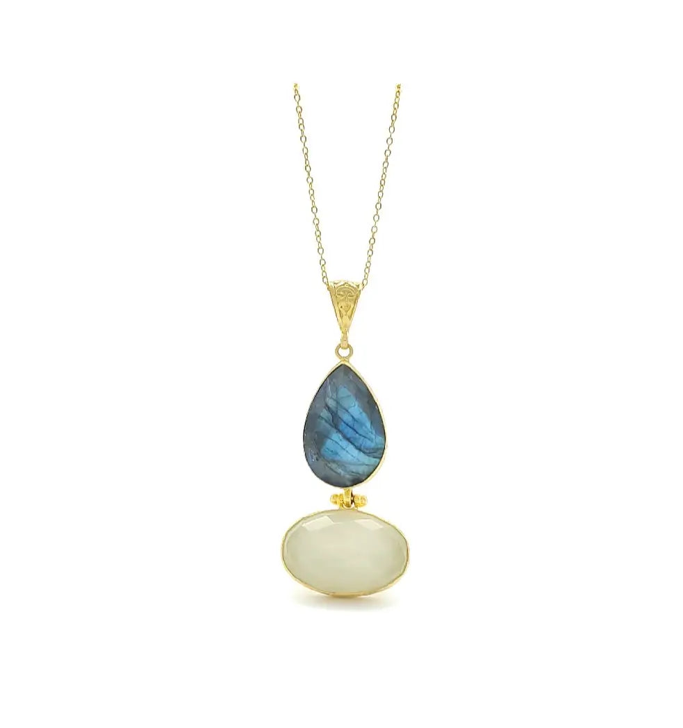 Stunning long gold-plated Necklace with two teardrop-shaped gemstones, snow Quartz and labradorite on a white background