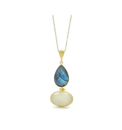 Stunning long gold-plated Necklace with two teardrop-shaped gemstones, snow Quartz and labradorite on a white background