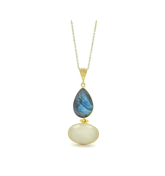 Stunning long gold-plated Necklace with two teardrop-shaped gemstones, snow Quartz and labradorite on a white background
