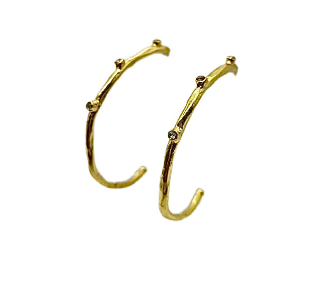 handmade 21 karat gold plated hammer finished hoop earrings with cz accents 