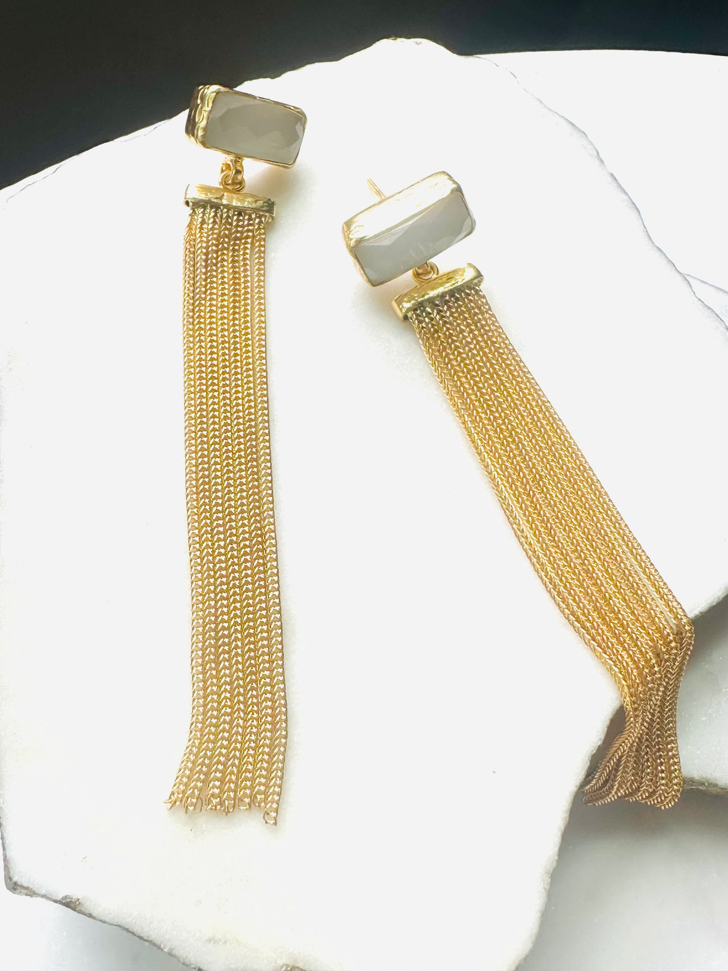 Esma Snow Quartz Gold Chain Tassel Earrings