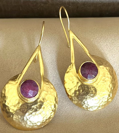 Elif Gold Disc Ruby Dangle Earrings