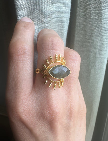 Gold Evil Eye Ring Labradorite