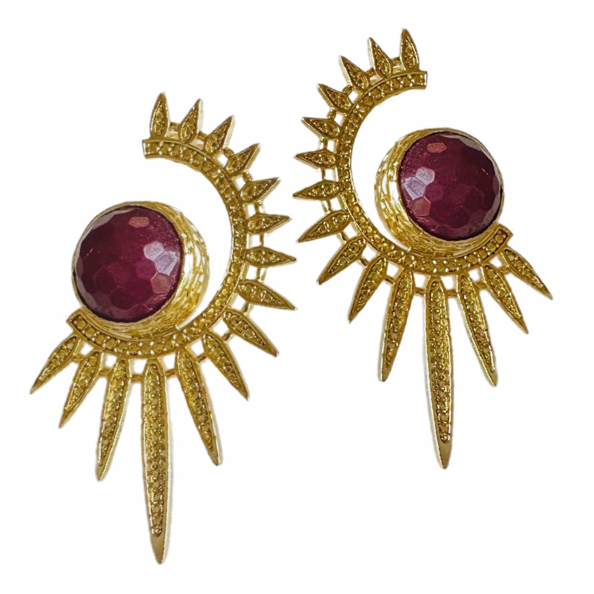 Gold plated contemporary starburst ruby statement earrings by Bebek jewels