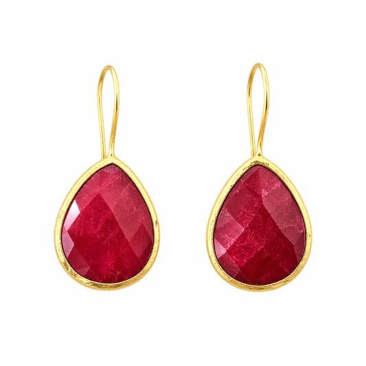 Gold plated faceted red ruby teardrop earrings