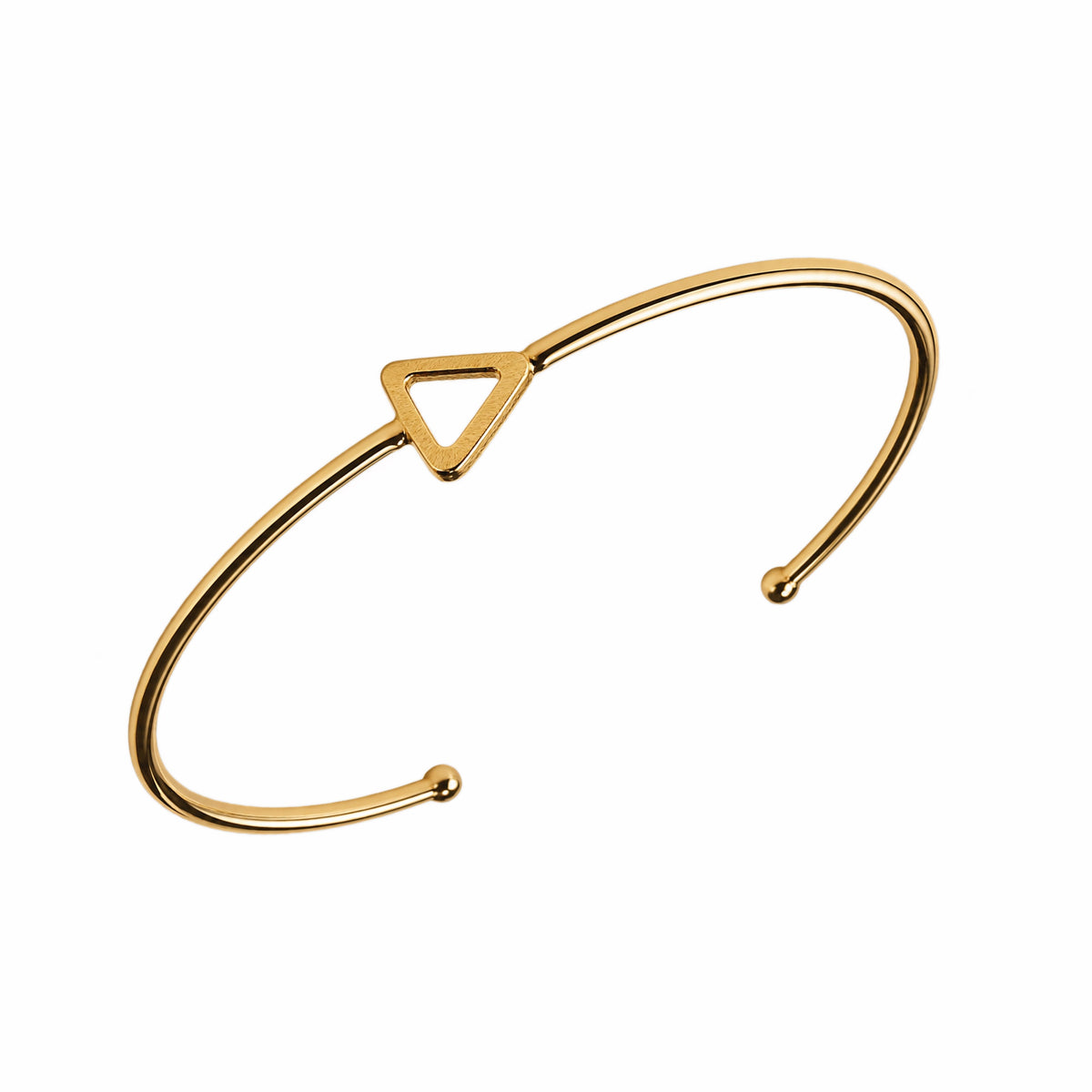 Gold plated sustainable bracelet with a triangle charm on a white surface side view