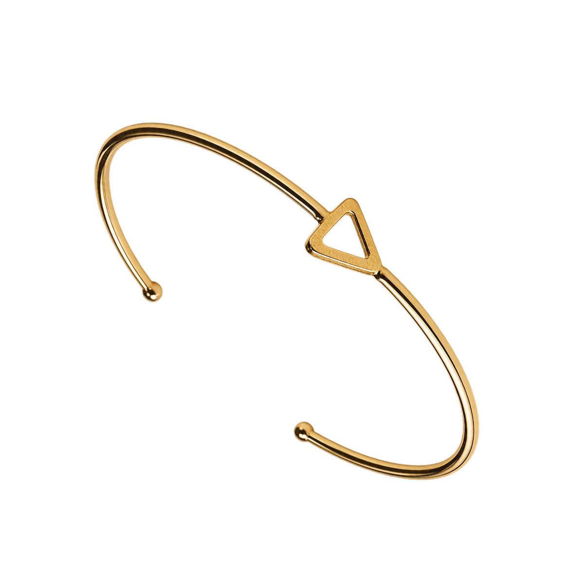 Gold plated sustainable bracelet with a triangle charm on a white surface right side view