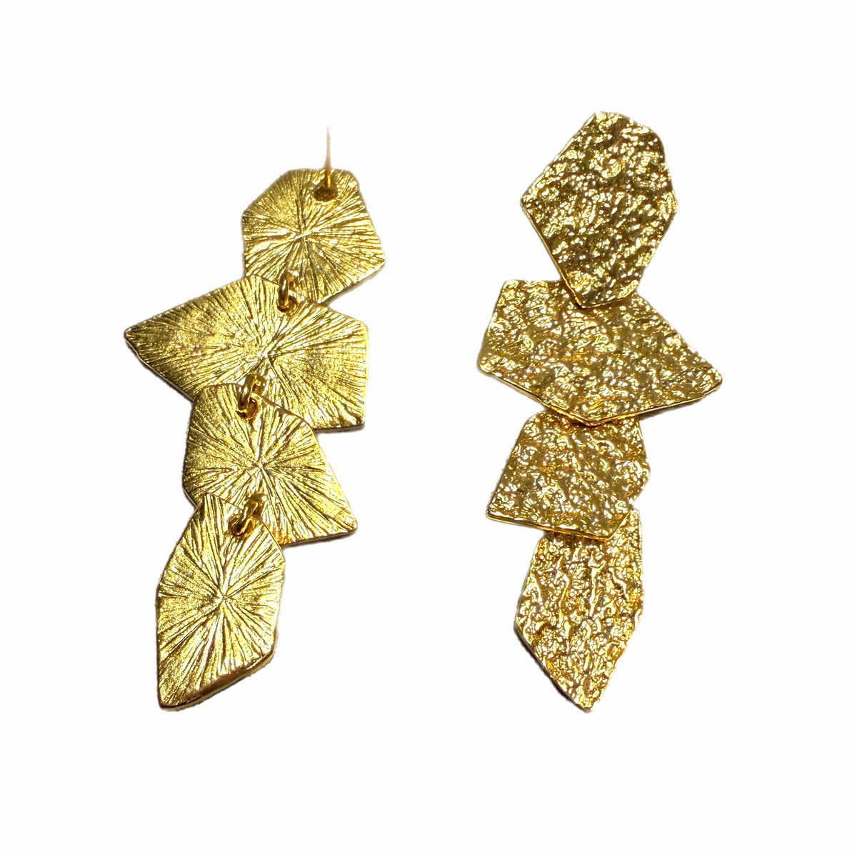 Gold plated textured geometric brass shaped dangle earrings on white background
