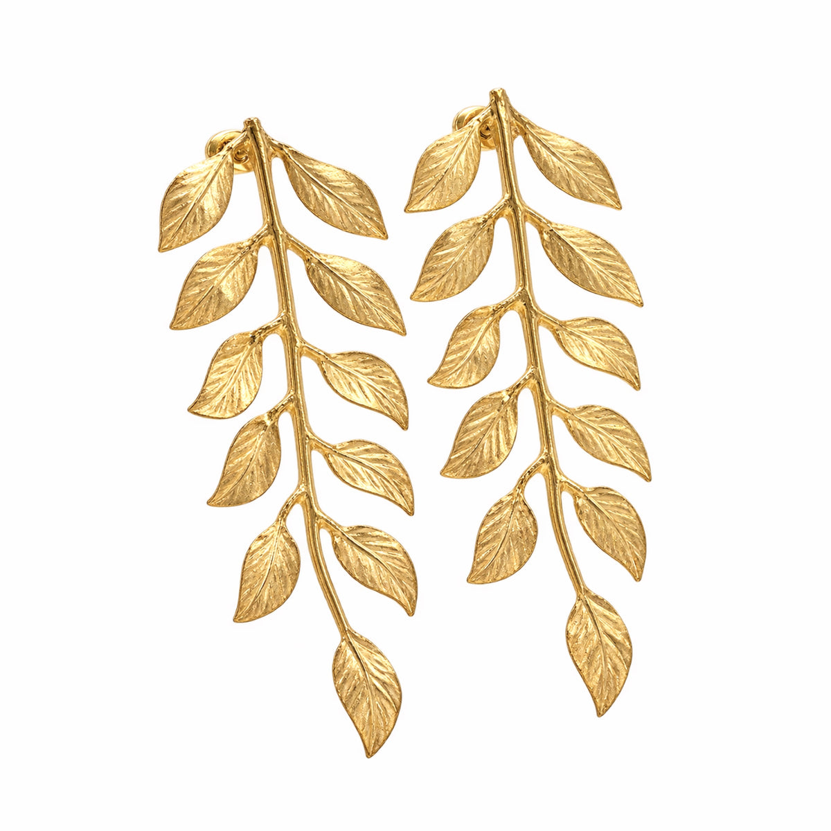 Handmade artisanal gold plated vine leaf earrings facing right on white background by Bebek jewels