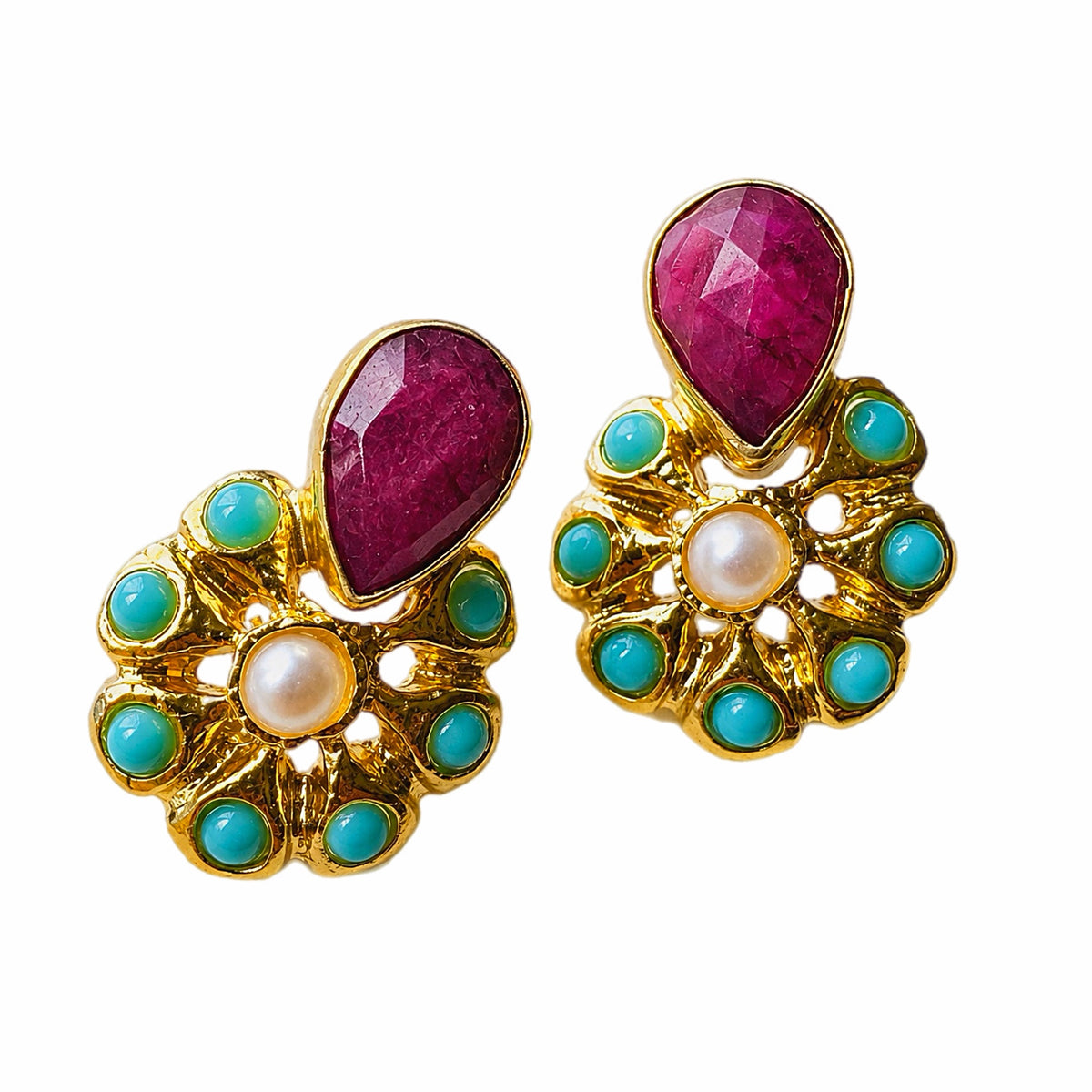 Handmade Indian Pearl turquoise and Ruby stud earrings By Bebek Jewels