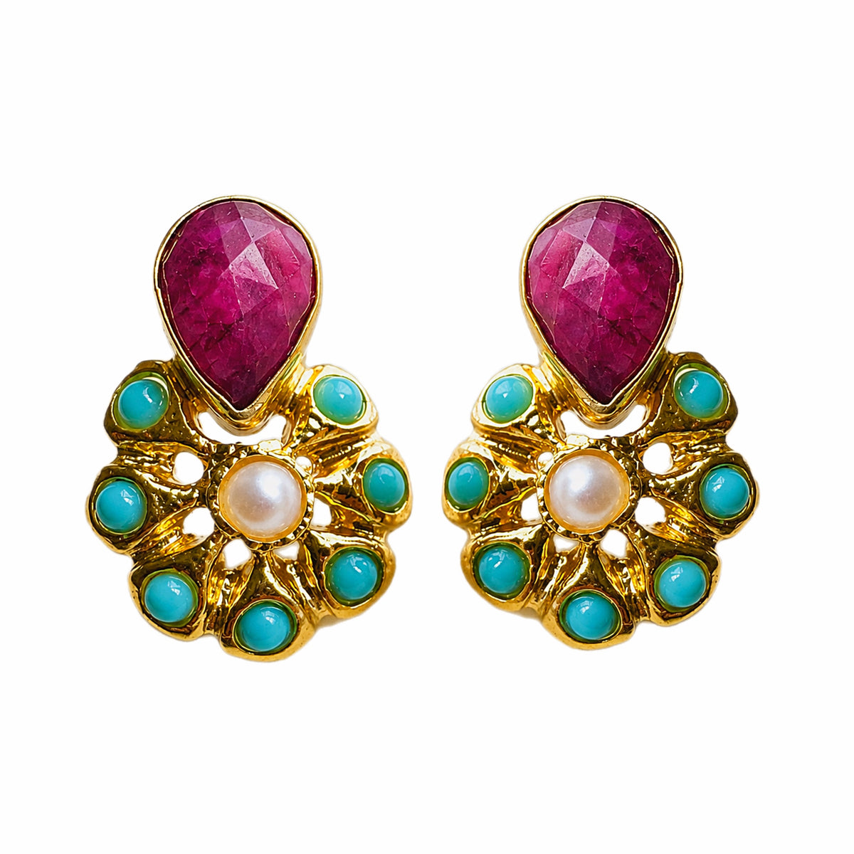 Handmade Indian Pearl turquoise and Ruby stud earrings