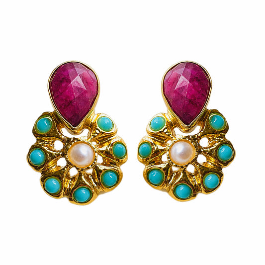 Handmade Indian Pearl turquoise and Ruby stud earrings