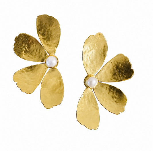 Handmade Sustainable Gold Plated Flower Earrings with Pearl set against white background
