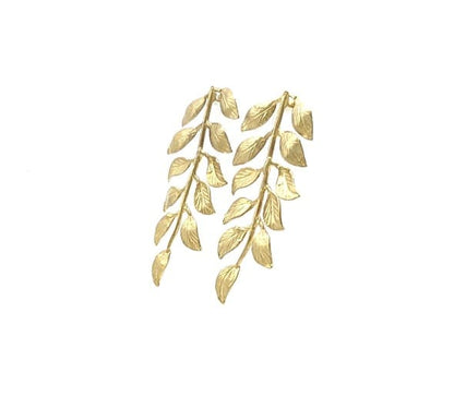 handmade artisanal gold-plated vine leaf earrings facing left against white background 
