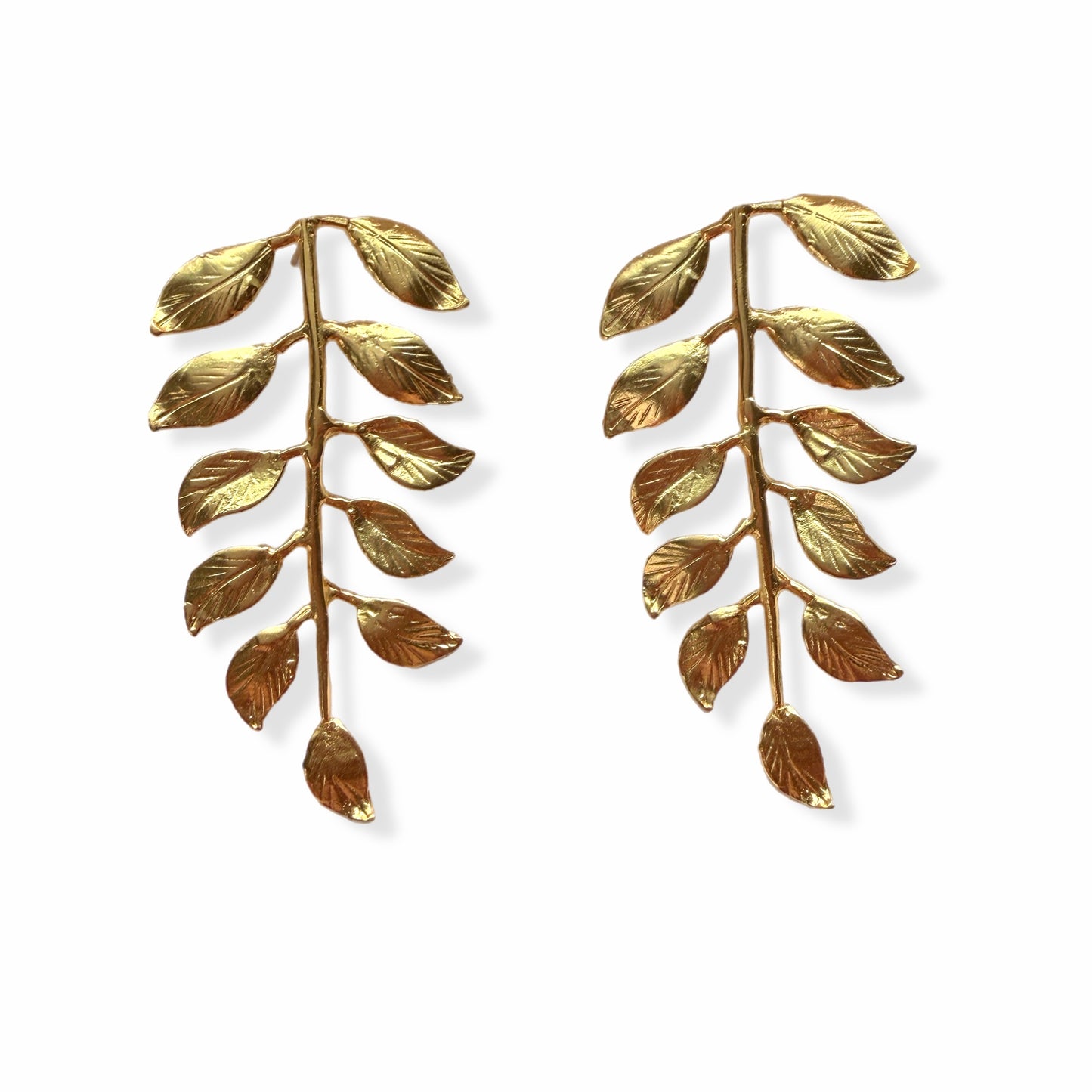 Artisanal eco-friendly Gold-plated leaf earrings on a white background