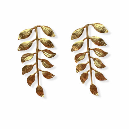 Artisanal eco-friendly Gold-plated leaf earrings on a white background