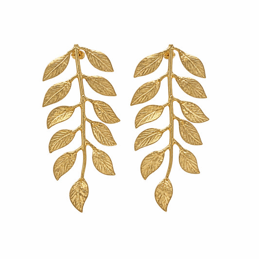 Handmade artisanal gold plated vine leaf earrings on white background by Bebek jewels