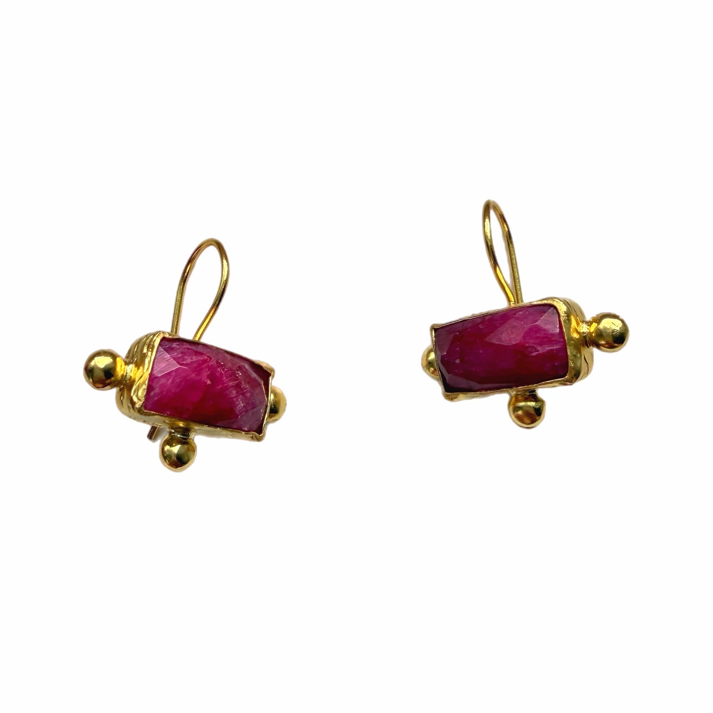 A pair of rectangle gold-plated ruby drop earrings with small gold bead accents, shown on a plain white background.