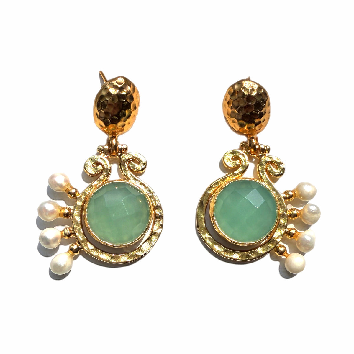 elegant handmade 21k gold plated recycled brass dangle earrings with aqua chalcedony center and pearl detailing