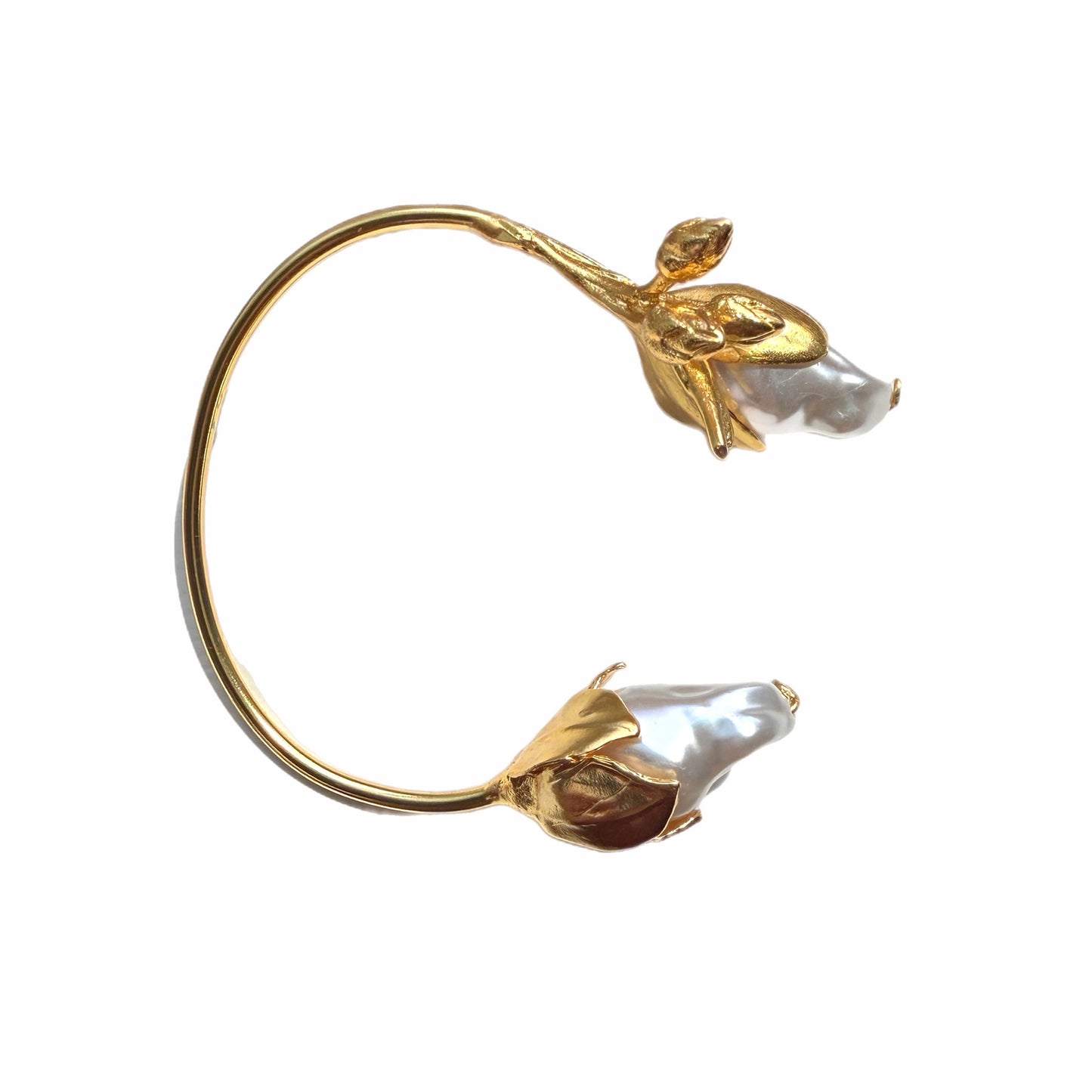 Handmade Gold-plated cuff bangle with floral design and baroque pearls Facing right