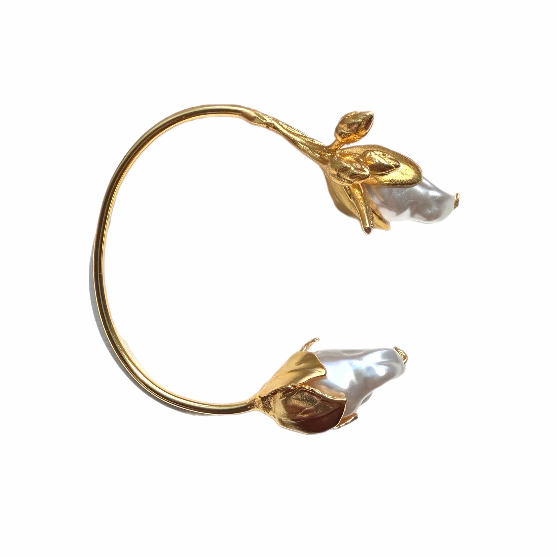 Handmade Gold-plated cuff bangle with floral design and baroque pearls Facing right
