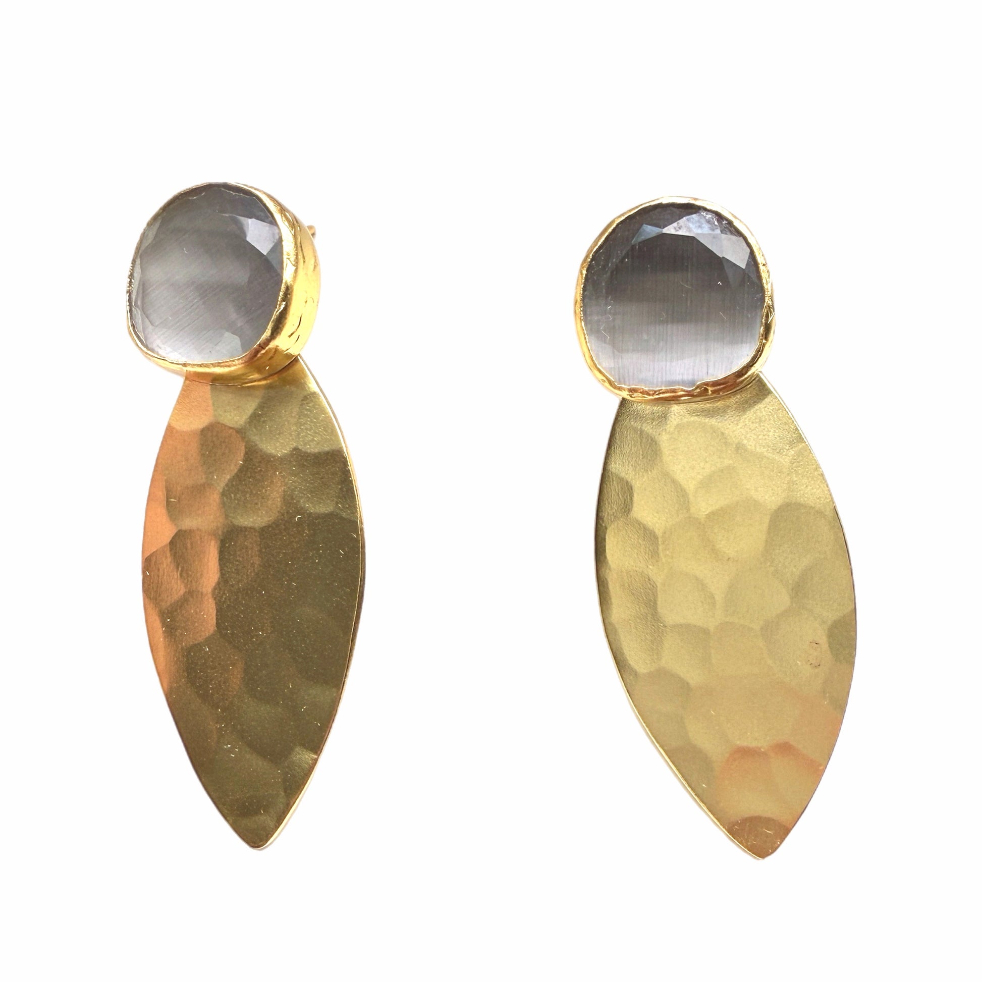 Artisanal Gold-plated bold statement earrings with gray gemstones on a white backdrop
