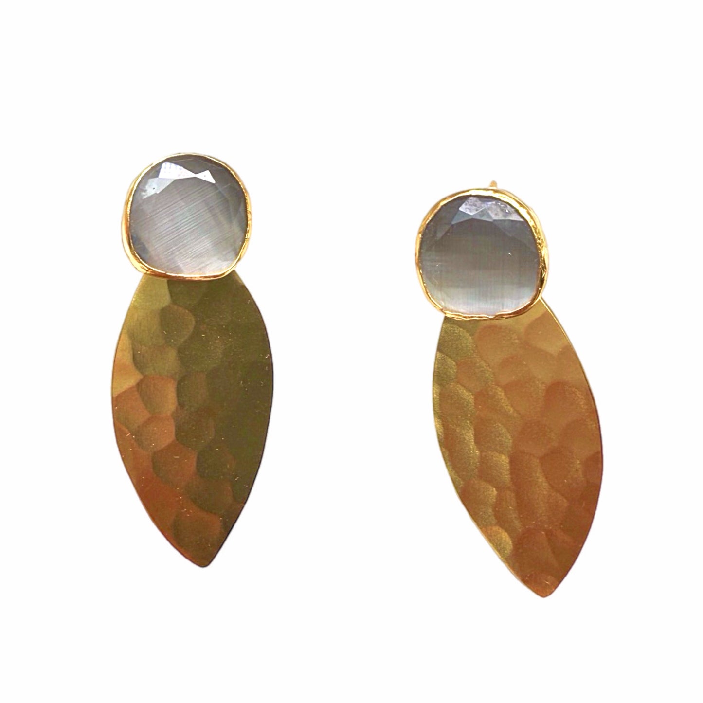 Artisanal Gold-plated bold statement earrings with gray gemstones on a white