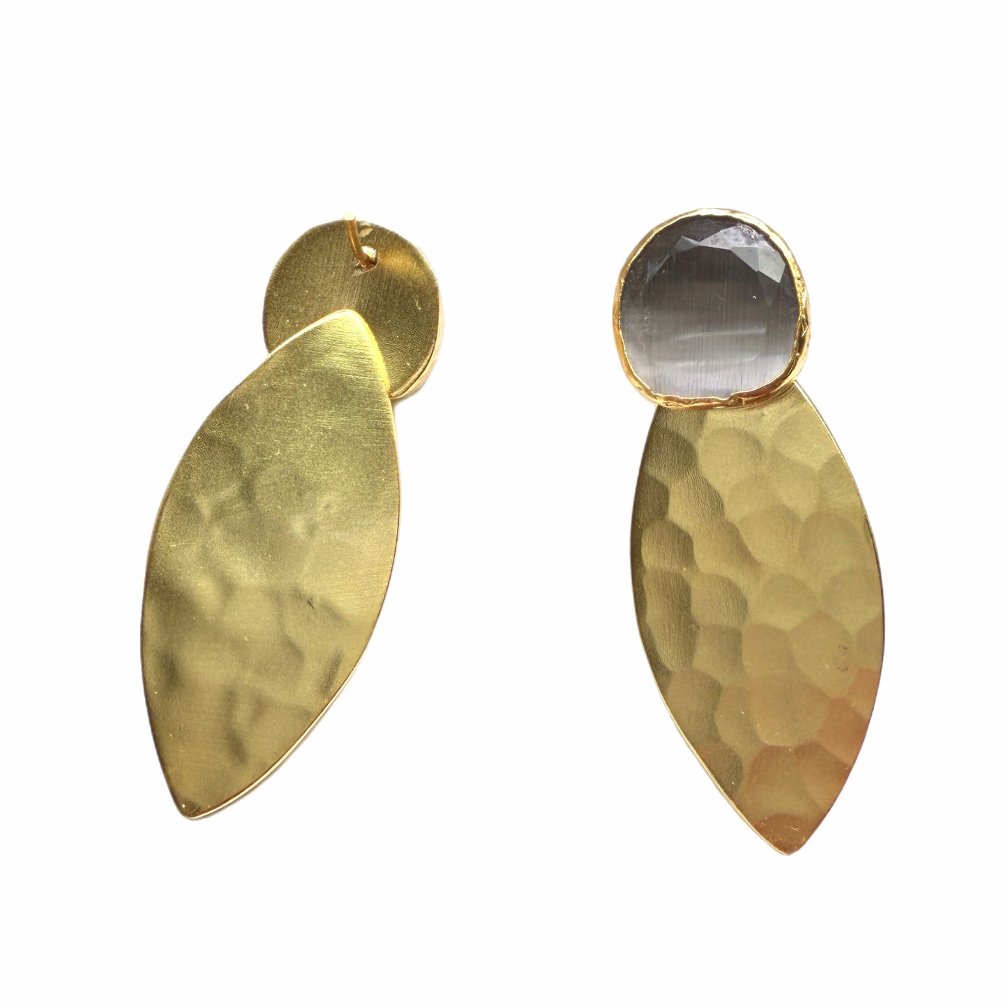 Artisanal Gold-plated bold statement earrings with gray gemstones on a white area