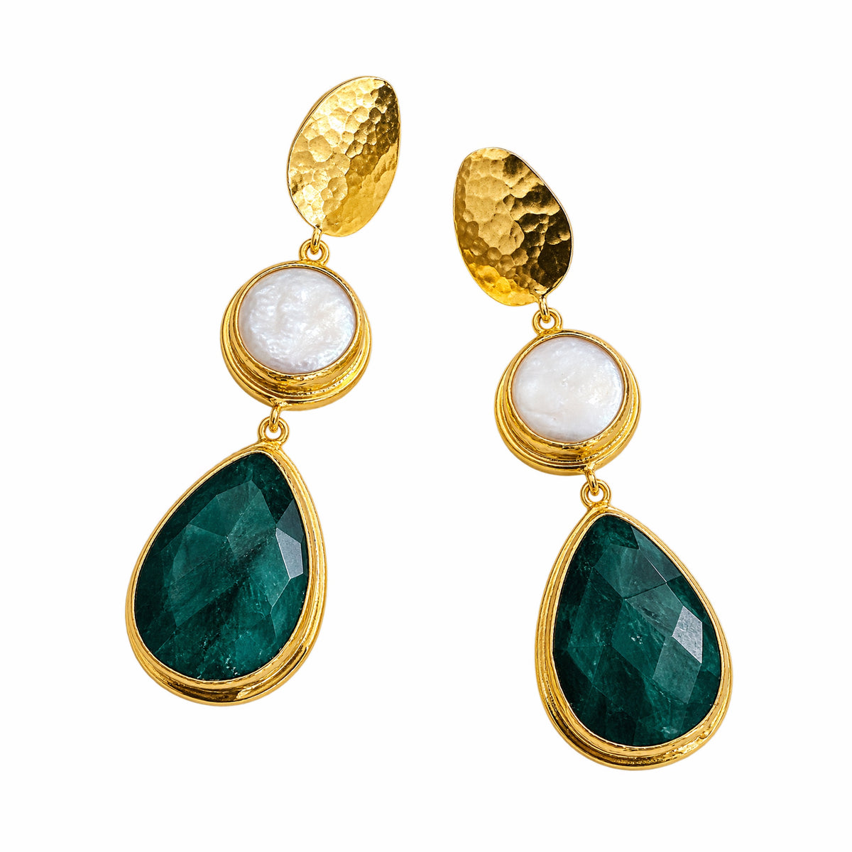 Handmade gold-plated emerald flat pearl dangle earrings by Bebek jewels on white background 