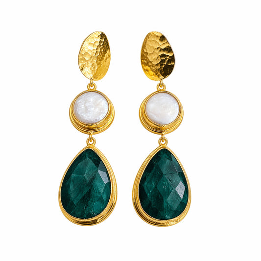 Handmade gold plated emerald flat pearl dangle earrings by Bebek jewels