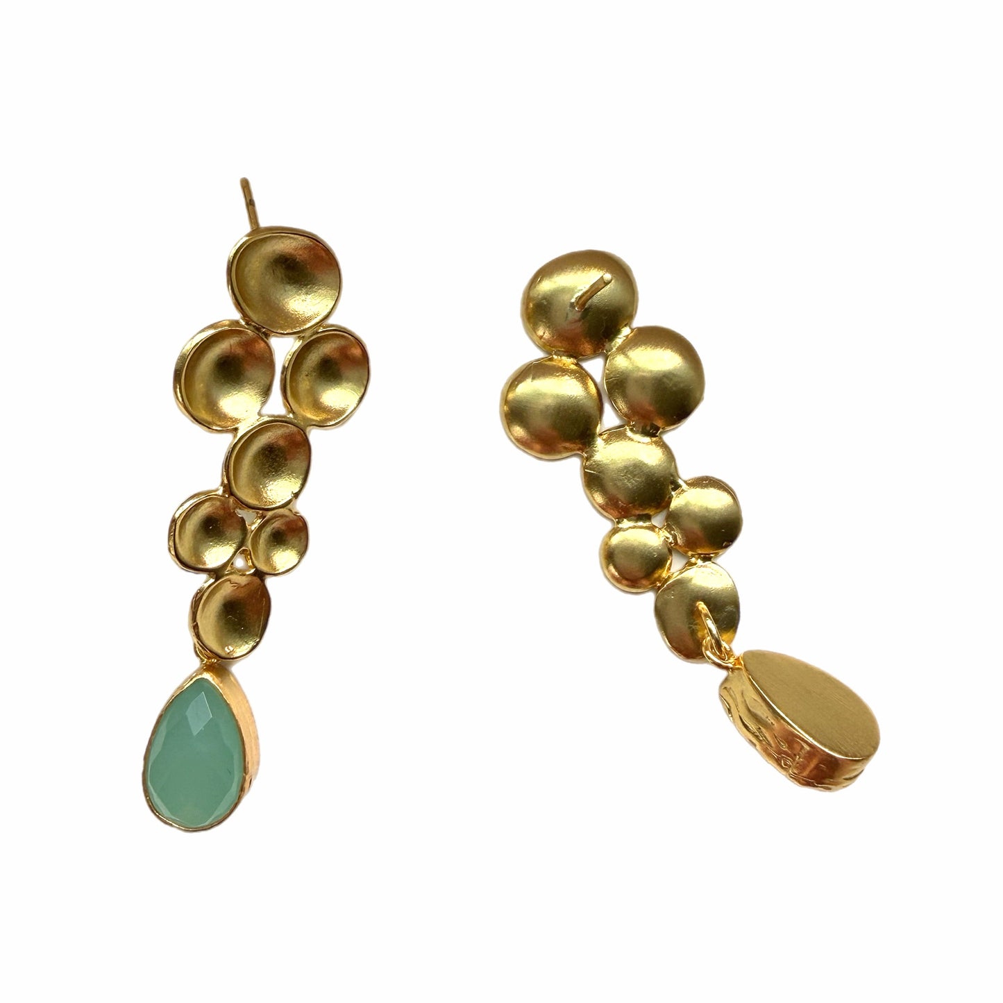 A pair of handmade gold drop earrings featuring a geometric design and a faceted aqua chalcedony teardrop gemstone at the bottom, against a plain white background.