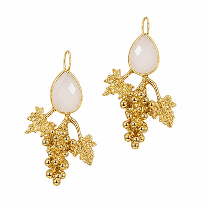 A pair of gold grape cluster drop earrings with teardrop-shaped snow Quartz stones at the top, set against a plain white background.