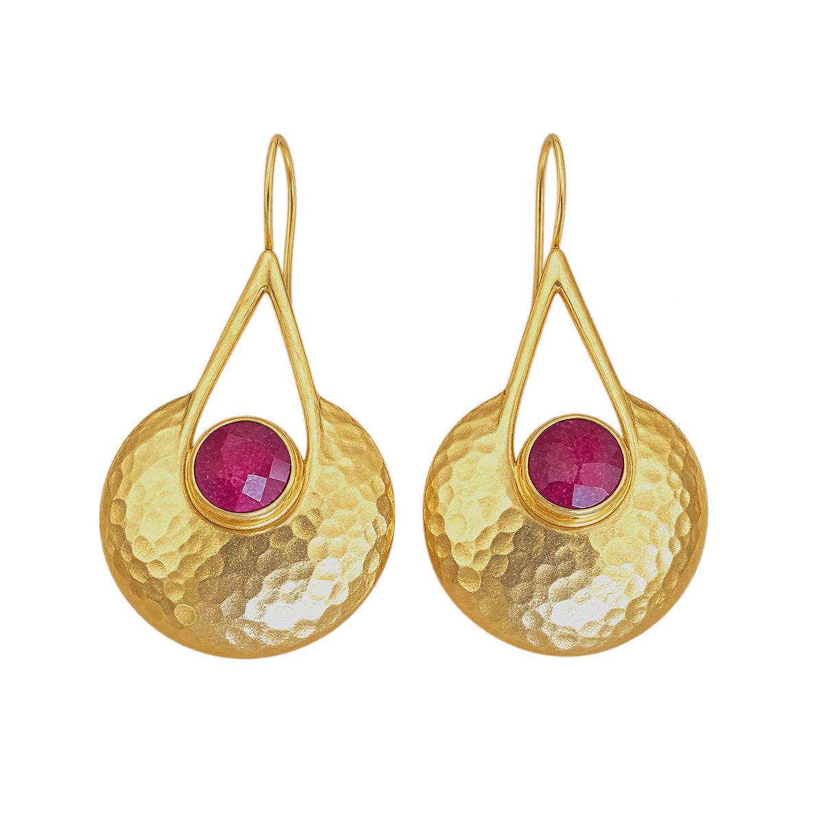Handmade gold-plated hammer-finished dome drop earrings with faceted round ruby center 
