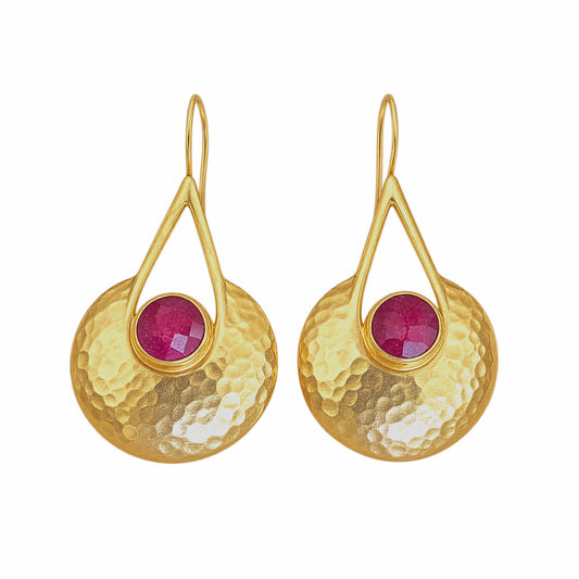 Handmade gold-plated hammer-finished dome drop earrings with faceted round ruby center 