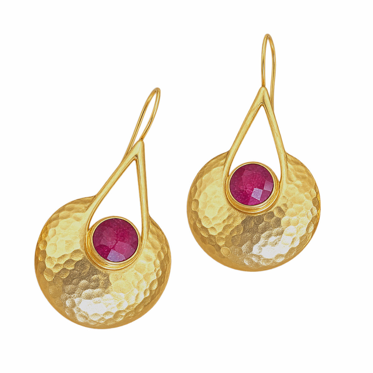 Handmade gold-plated hammer-finished dome drop earrings with faceted round ruby center Ok white background 