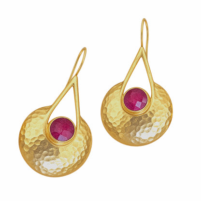 Handmade gold-plated hammer-finished dome drop earrings with faceted round ruby center Ok white background 