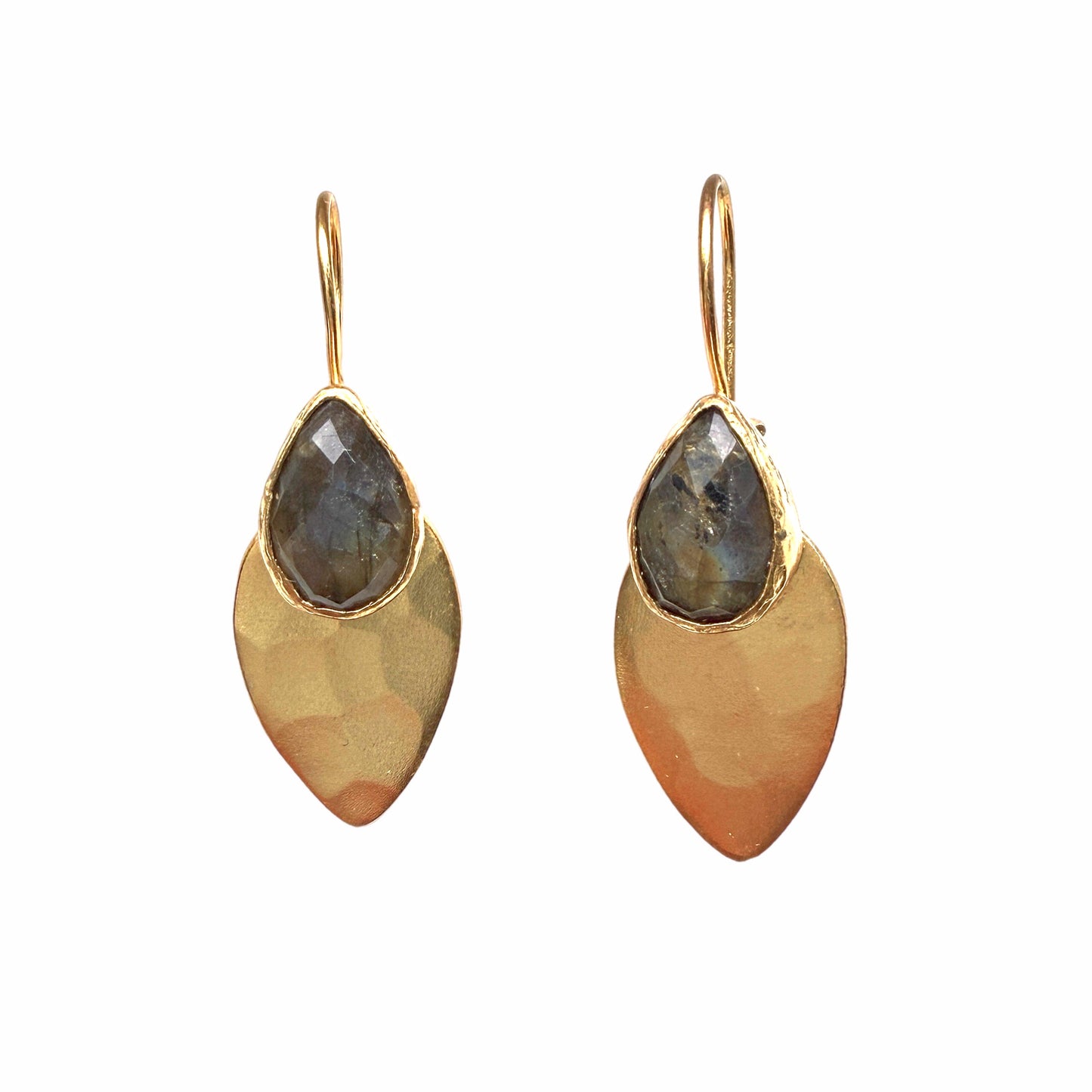 A pair of gold drop earrings with teardrop-shaped labradorite gemstone at the top and a larger hammered gold leaf-shaped drop