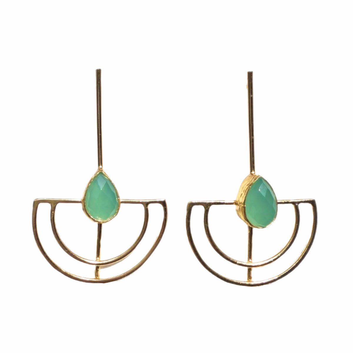 Gold-plated artisanal sustainable contemporary long aqua chalcedony earrings on a white surface