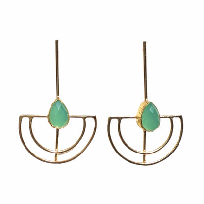 Gold-plated artisanal sustainable contemporary long aqua chalcedony earrings on a white surface