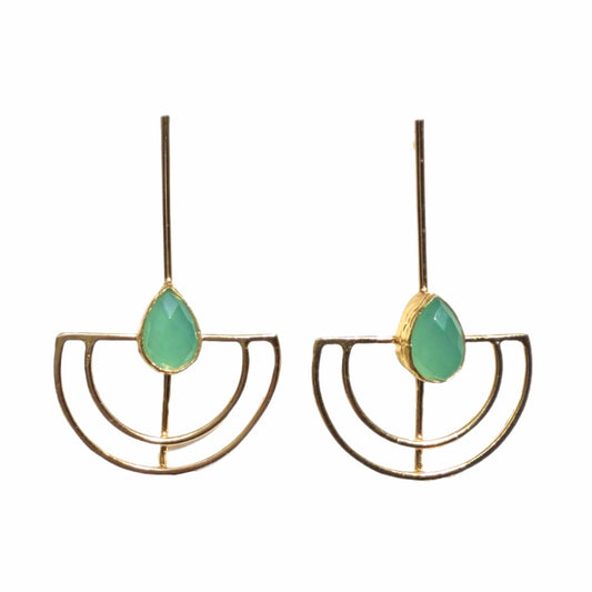 Gold-plated artisanal sustainable contemporary long aqua chalcedony earrings on a white surface