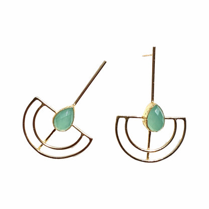Gold-plated artisanal sustainable contemporary long aqua chalcedony earrings on a white 
