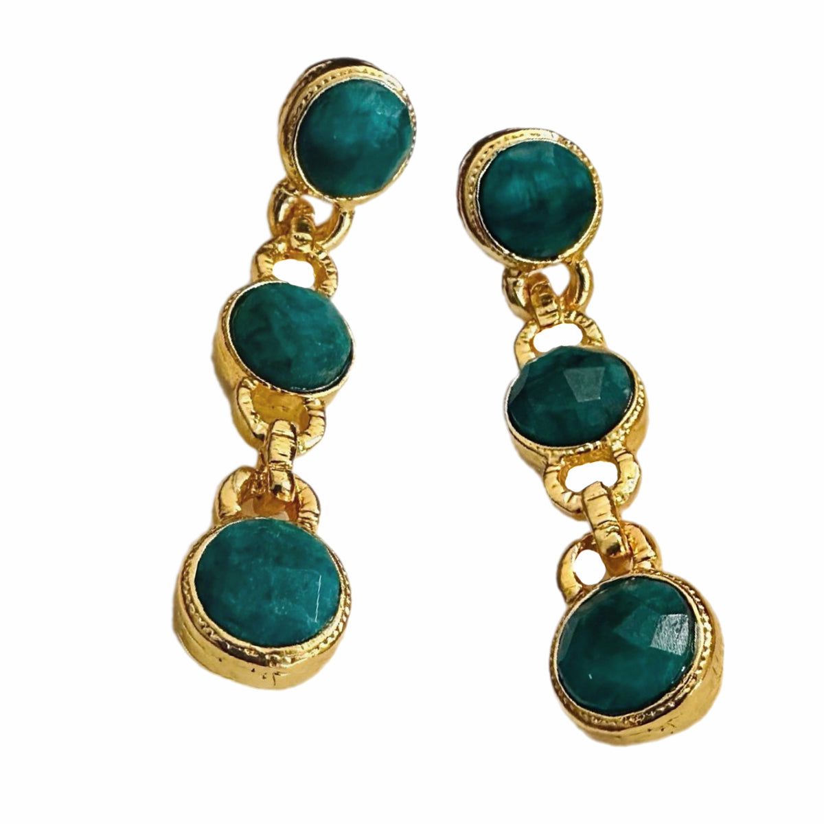 Handmade gold-plated multi-stone round faceted emerald and chain dangle earrings on white background 